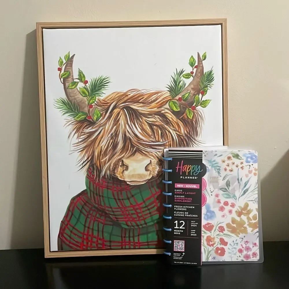 New Eccolo Christmas High land cow cattle canvas picture wooden frame wall art